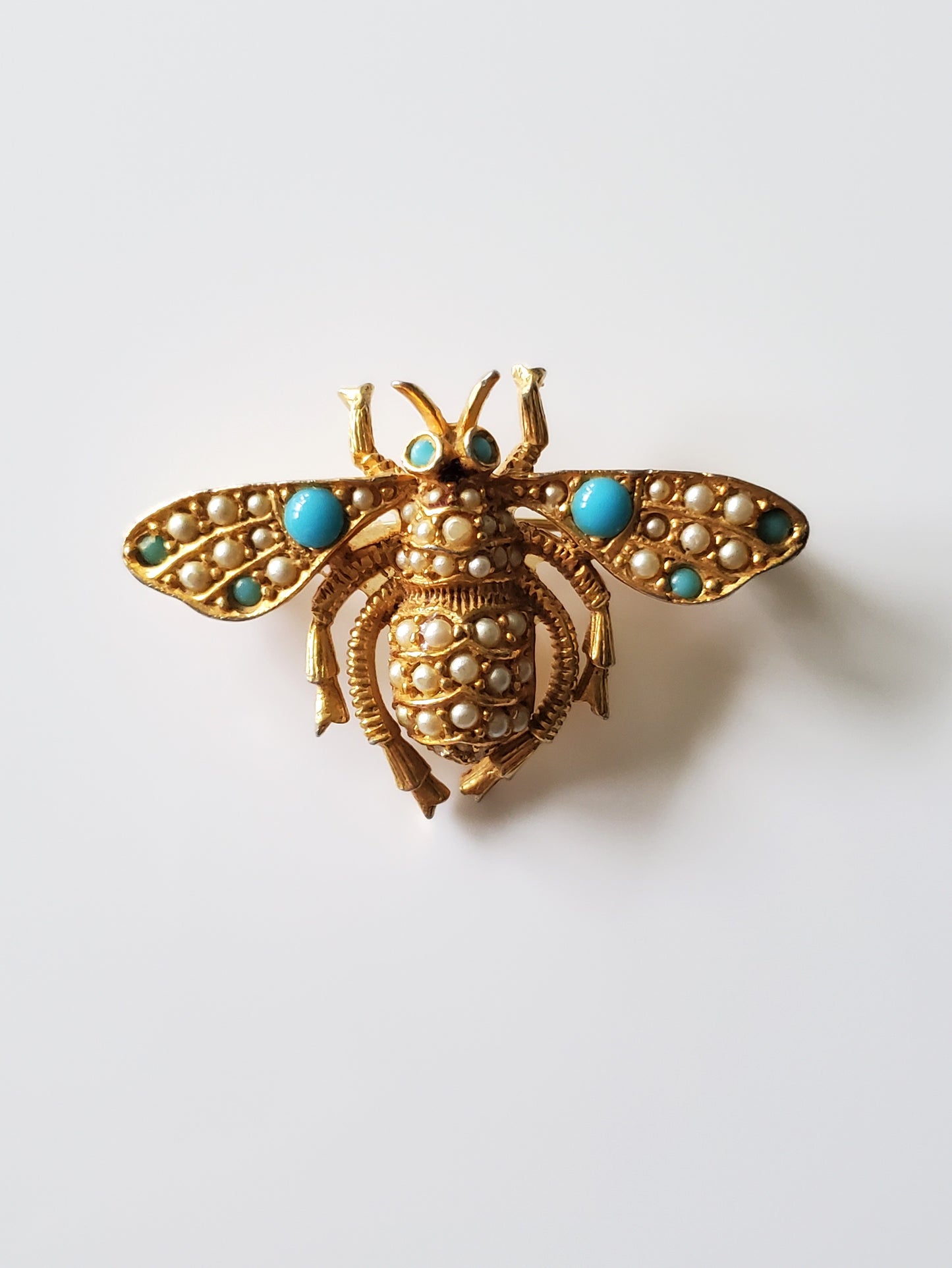 Vintage Frances Hirch Designer Beetle Faux Turquoise and Seed Pearl Brooch