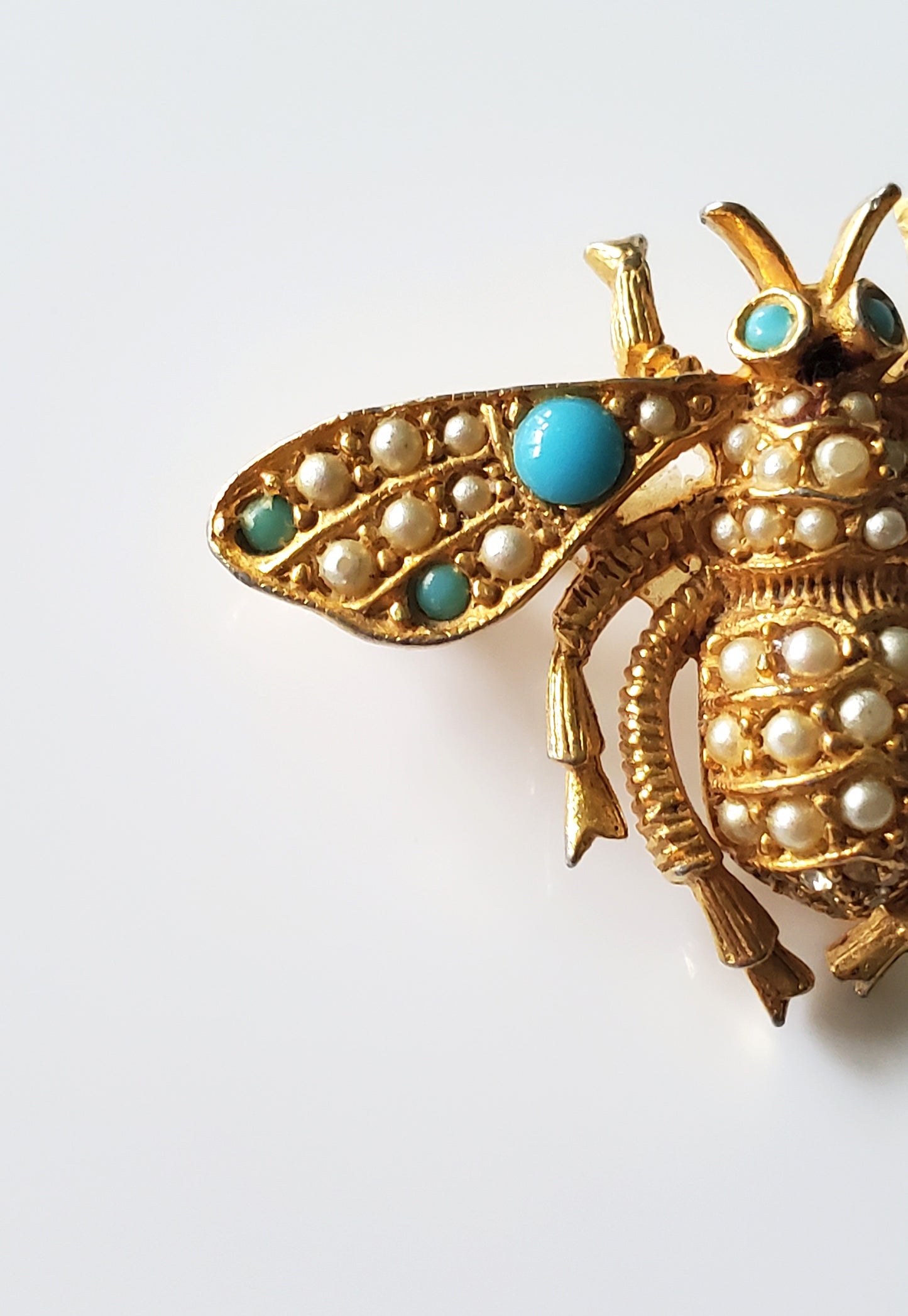 Vintage Frances Hirch Designer Beetle Faux Turquoise and Seed Pearl Brooch