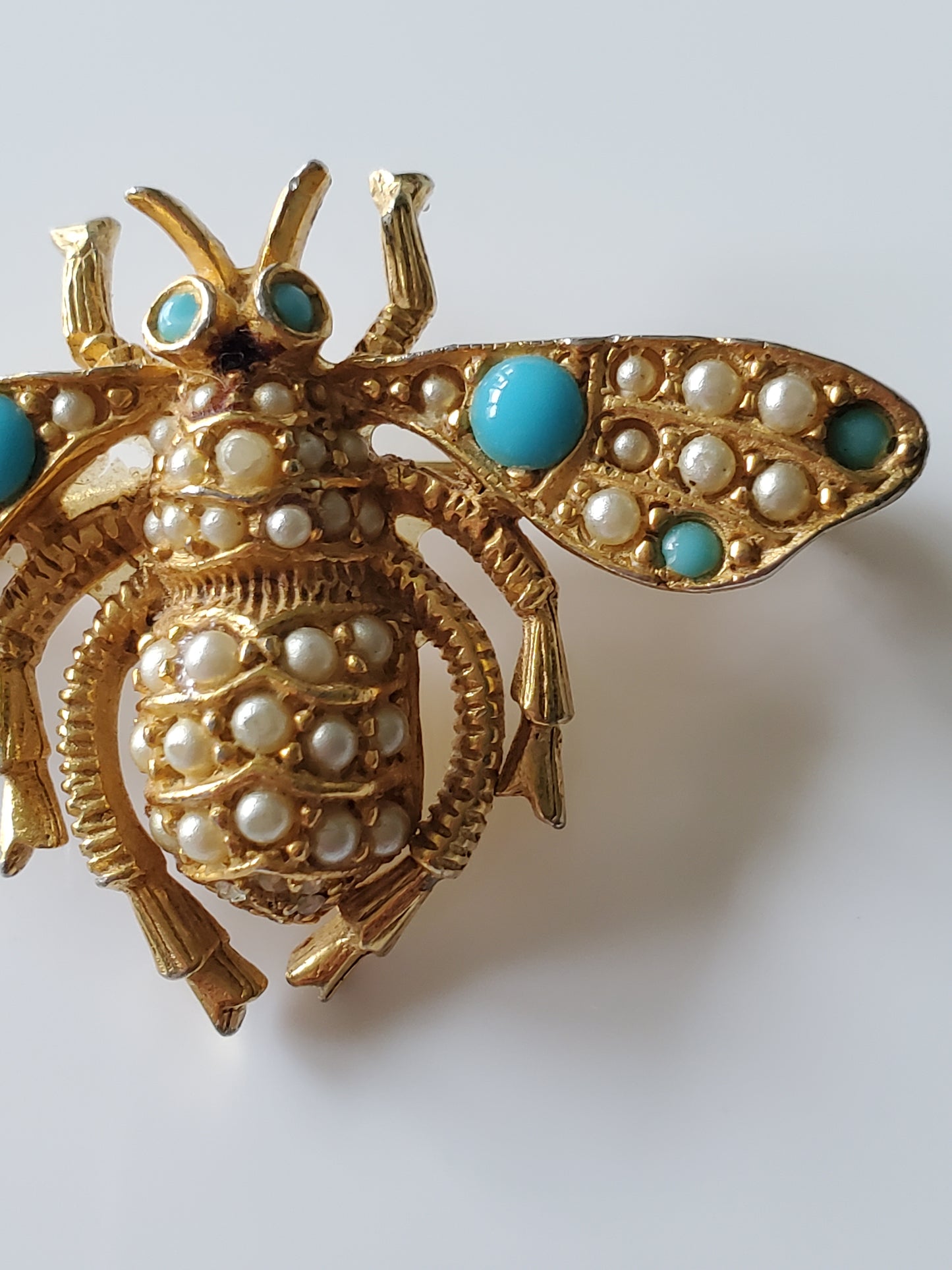 Vintage Frances Hirch Designer Beetle Faux Turquoise and Seed Pearl Brooch