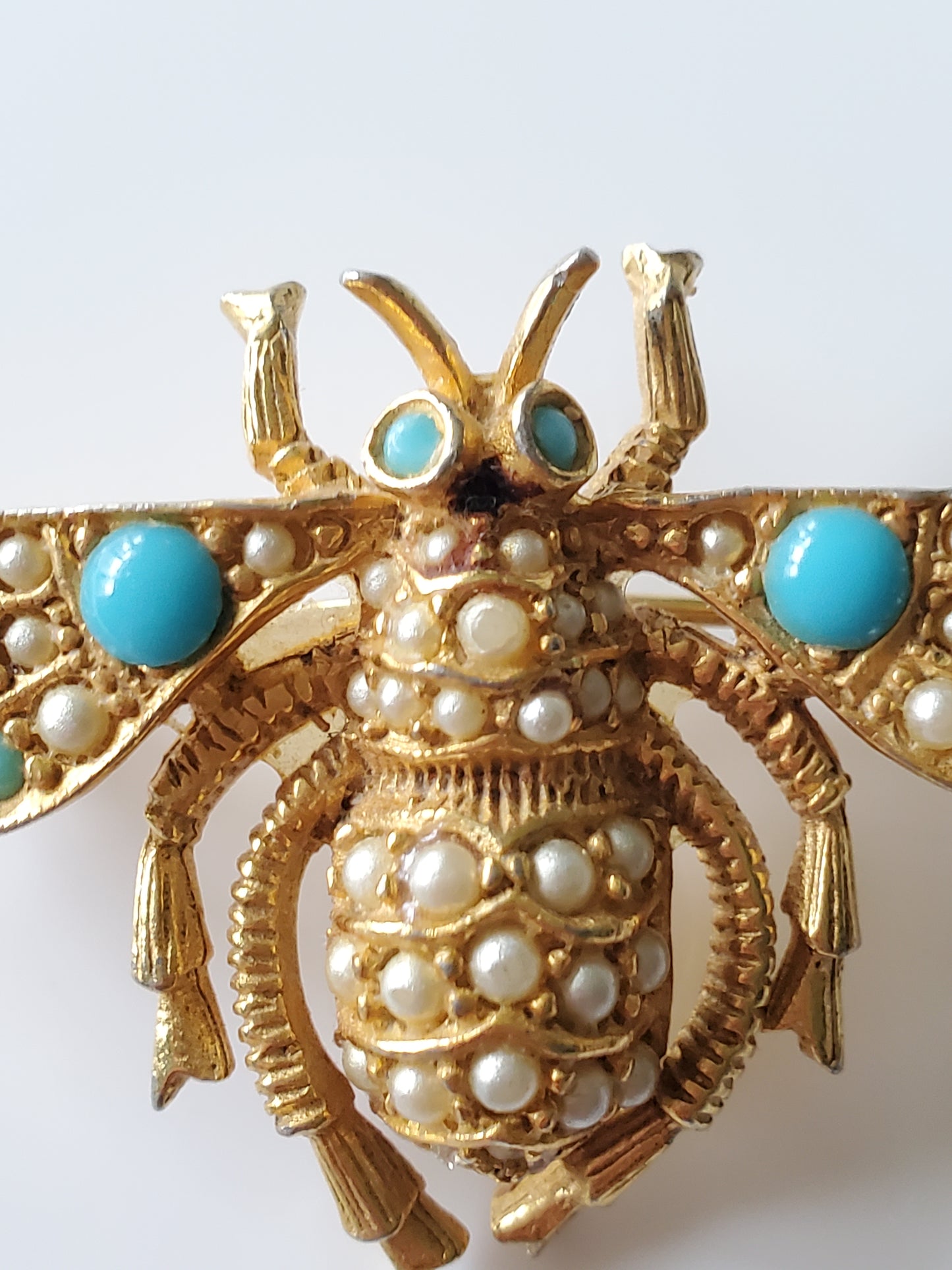 Vintage Frances Hirch Designer Beetle Faux Turquoise and Seed Pearl Brooch