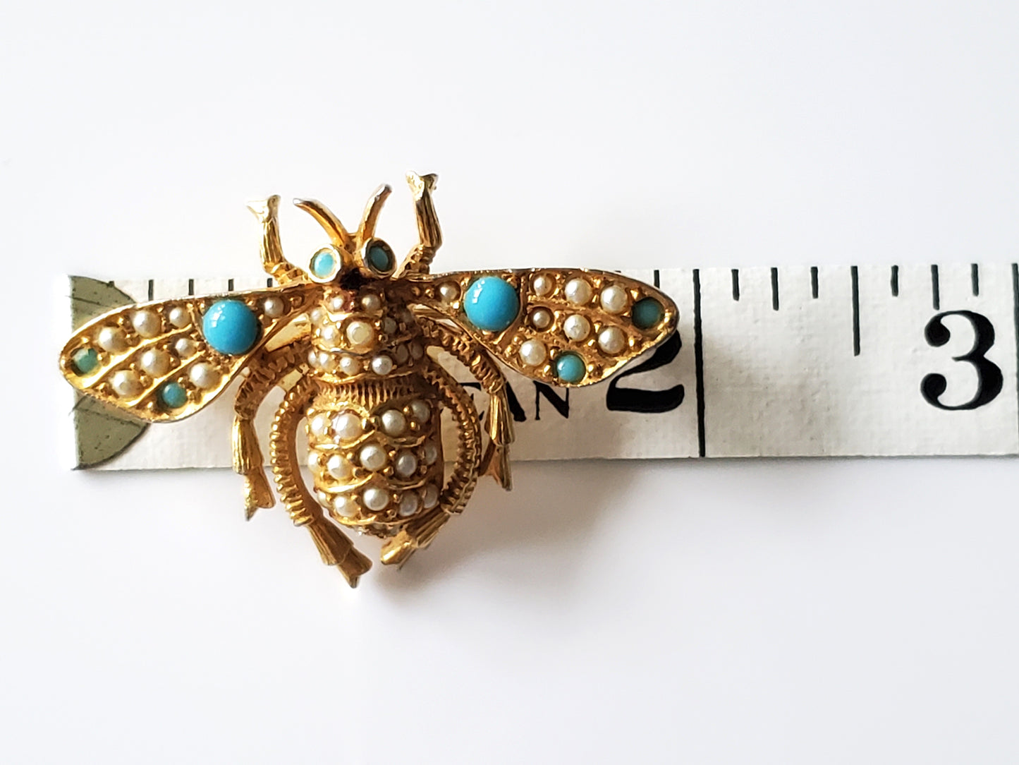 Vintage Frances Hirch Designer Beetle Faux Turquoise and Seed Pearl Brooch