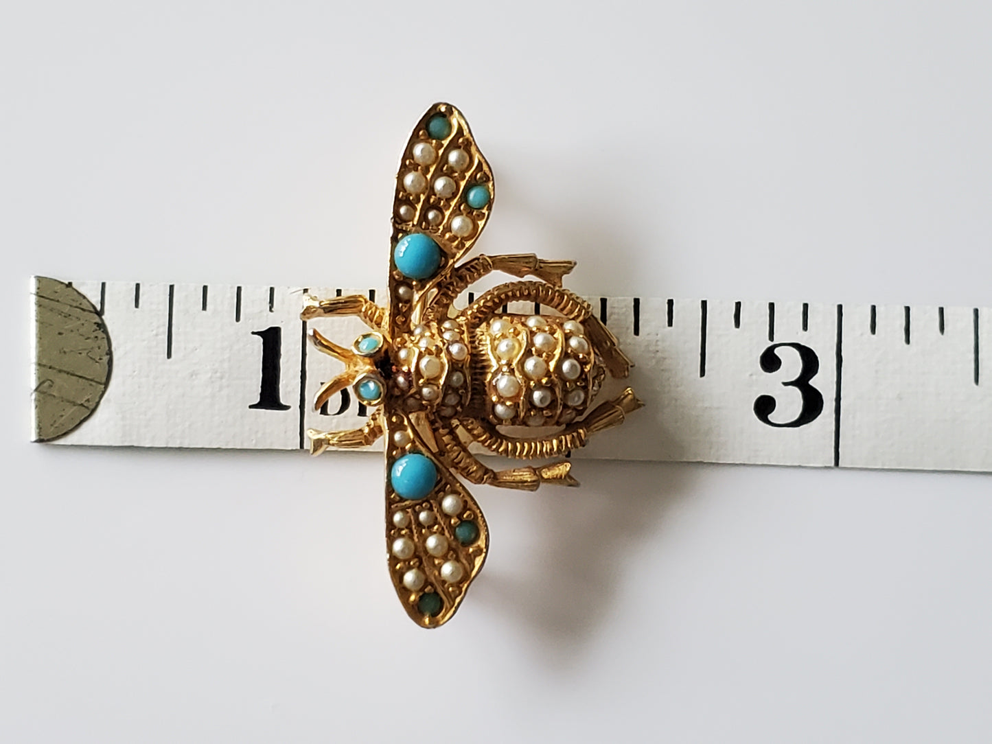 Vintage Frances Hirch Designer Beetle Faux Turquoise and Seed Pearl Brooch