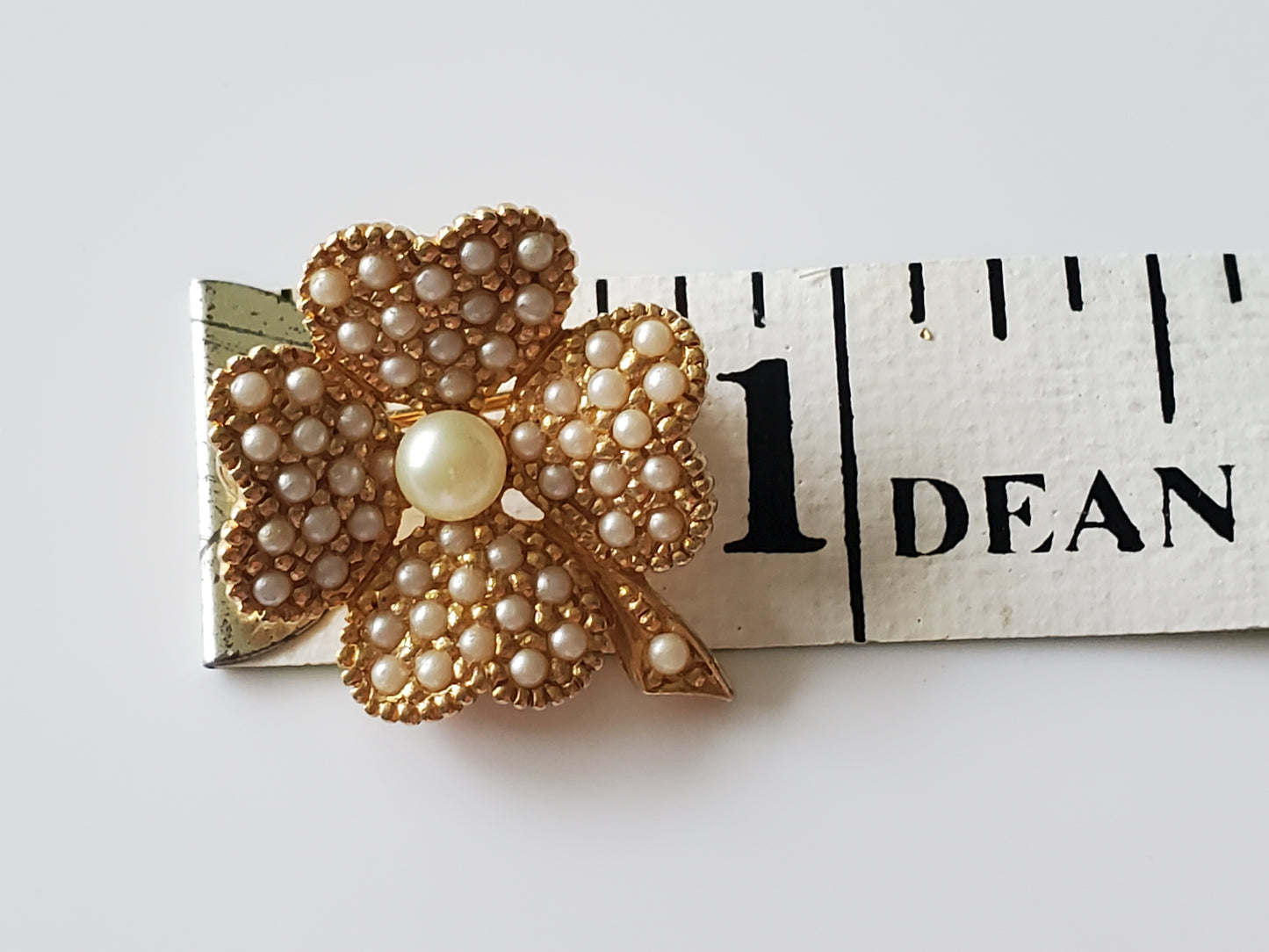 Vintage 1950s Four Leaf Clover Faux Pearl Brooch by CINER