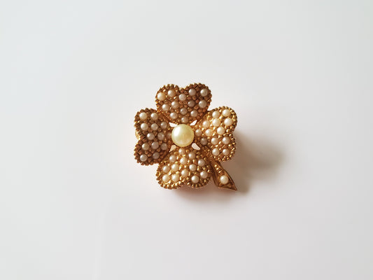 Vintage 1950s Four Leaf Clover Faux Pearl Brooch by CINER