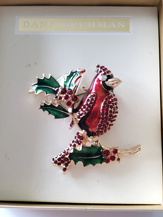 Vintage Dana Buchanan Red Cardinal Mistletoe Brooch