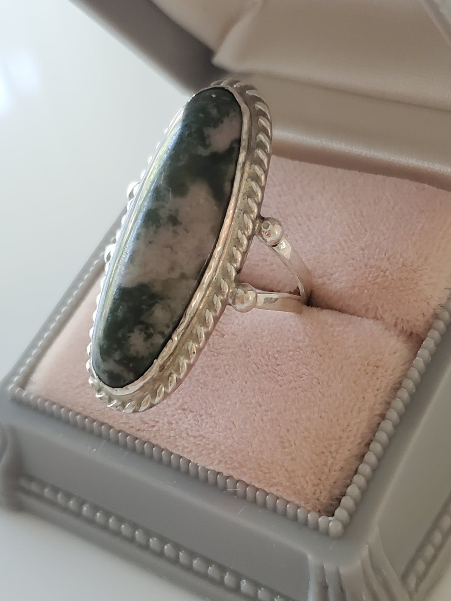 Vintage Green Agate Navette Ring