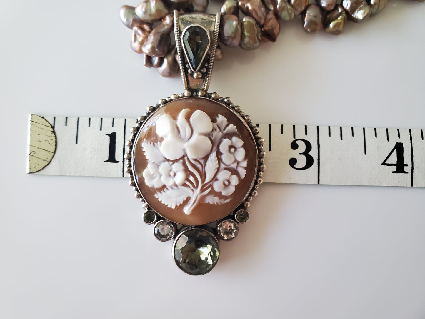 Freshwater Baroque Bronze Pearl and Handcarved Floral Cameo Sterling Necklace