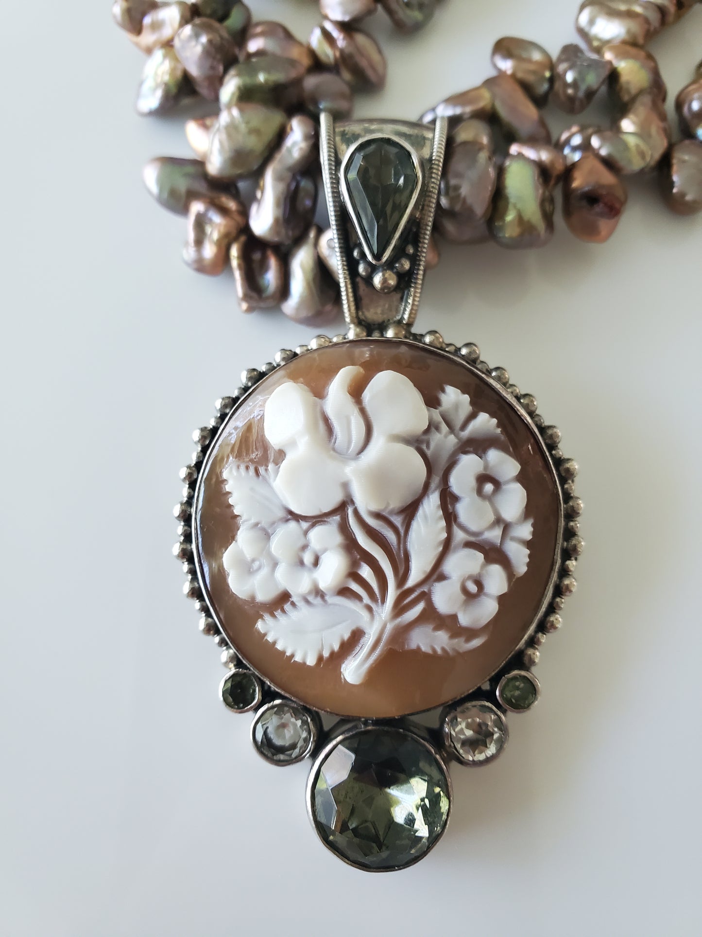 Freshwater Baroque Bronze Pearl and Handcarved Floral Cameo Sterling Necklace