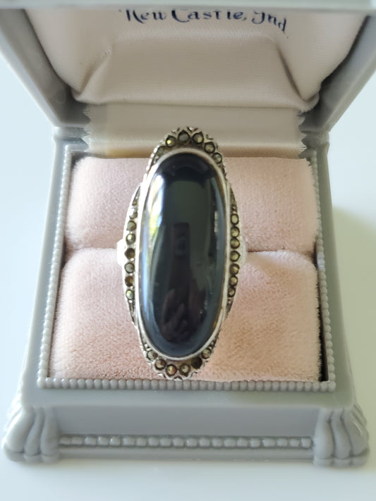 Vintage Onyx Marcasite Navette Sterling Silver Ring