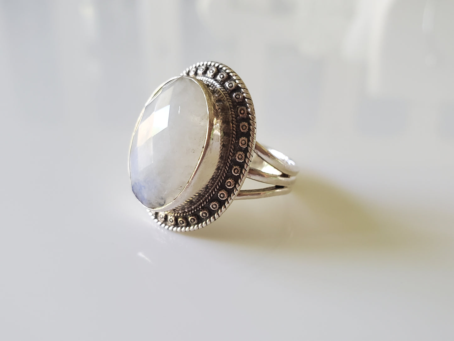 Oval Faceted Moonstone Halo Sterling Ring by Nicky Butler