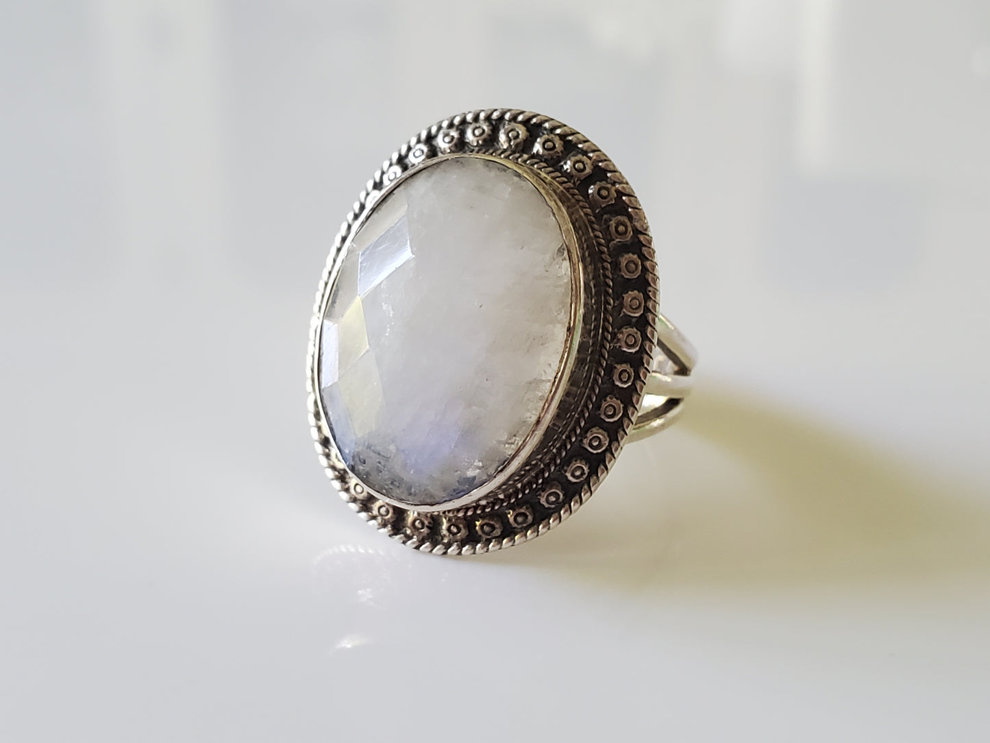 Oval Faceted Moonstone Halo Sterling Ring by Nicky Butler