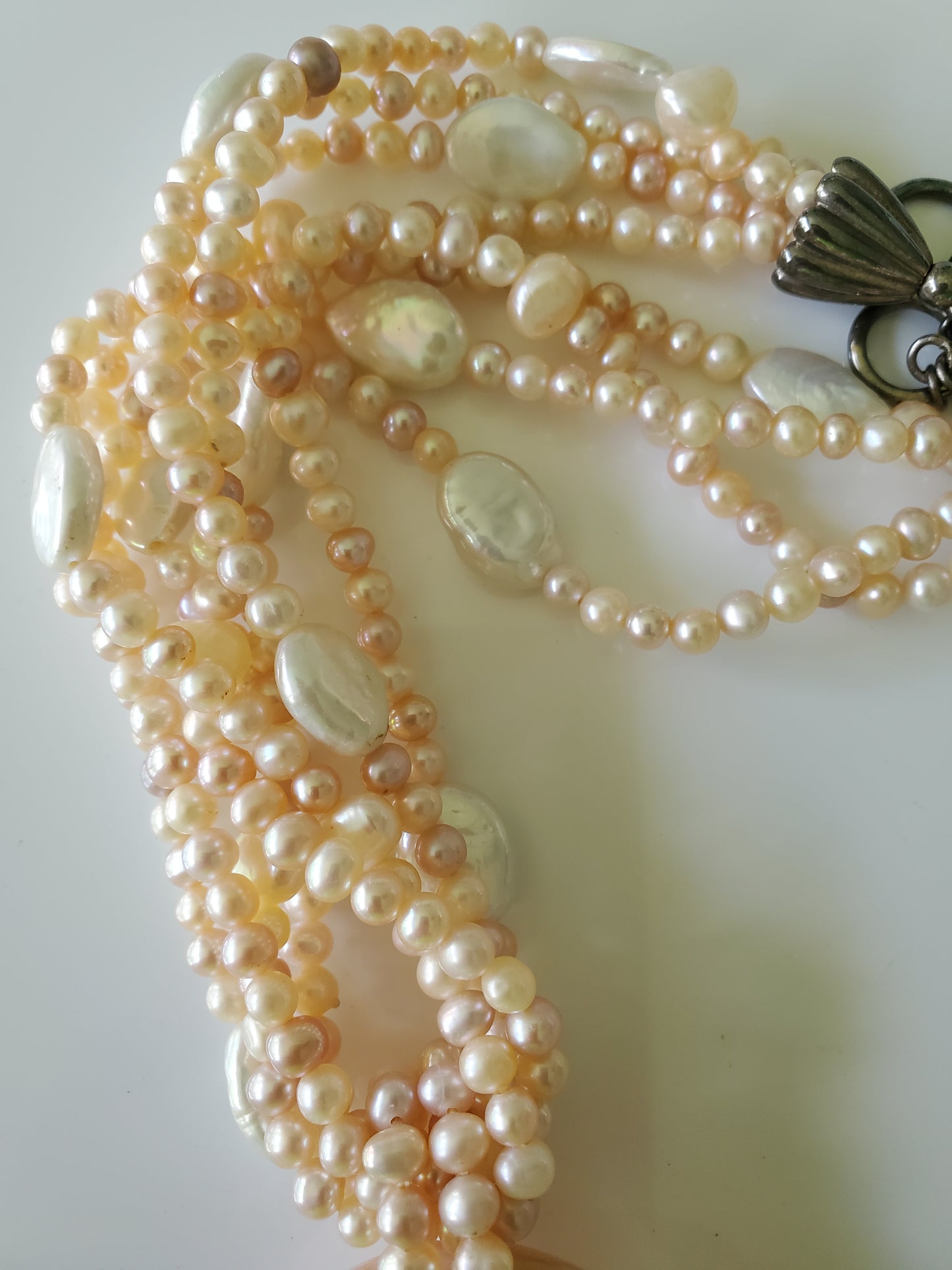 Multi-strand Pink and Cream Freshwater Pearls with Large MOP Pendant