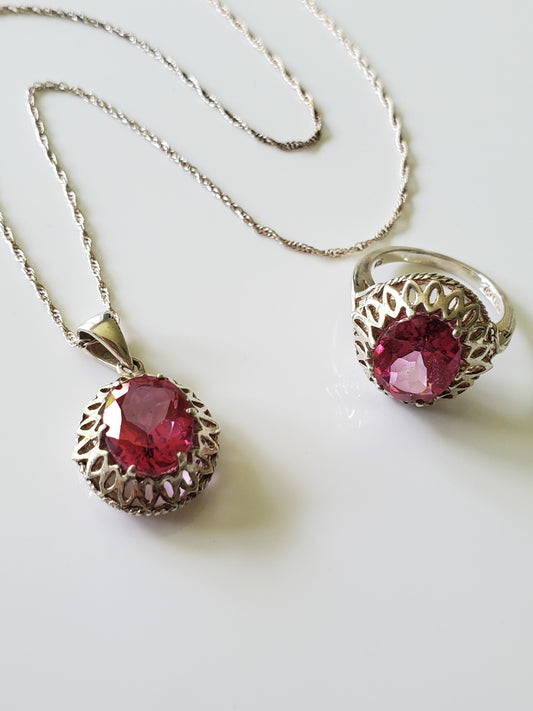 Sterling Silver Pink Topaz Ring and Necklace Set