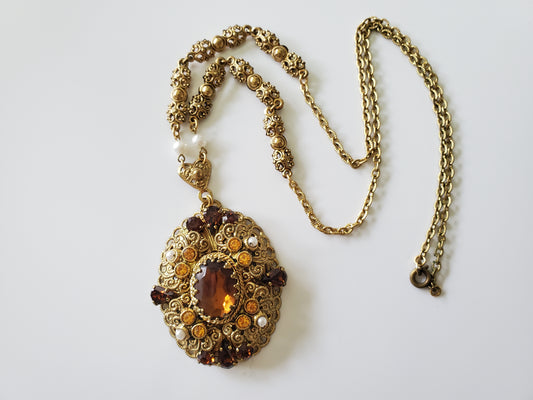 Vintage West Germany Faceted Art Nouveau Amber and Faux Pearl Filigree Necklace