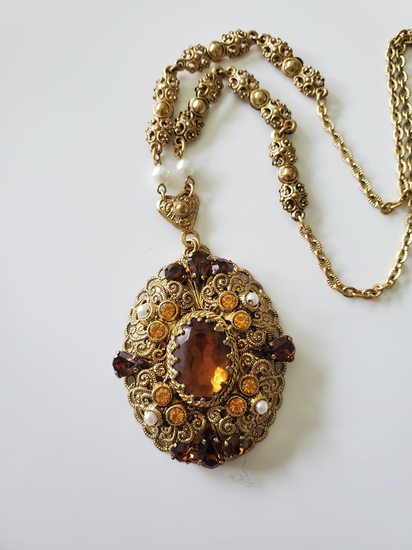 Vintage West Germany Faceted Art Nouveau Amber and Faux Pearl Filigree Necklace