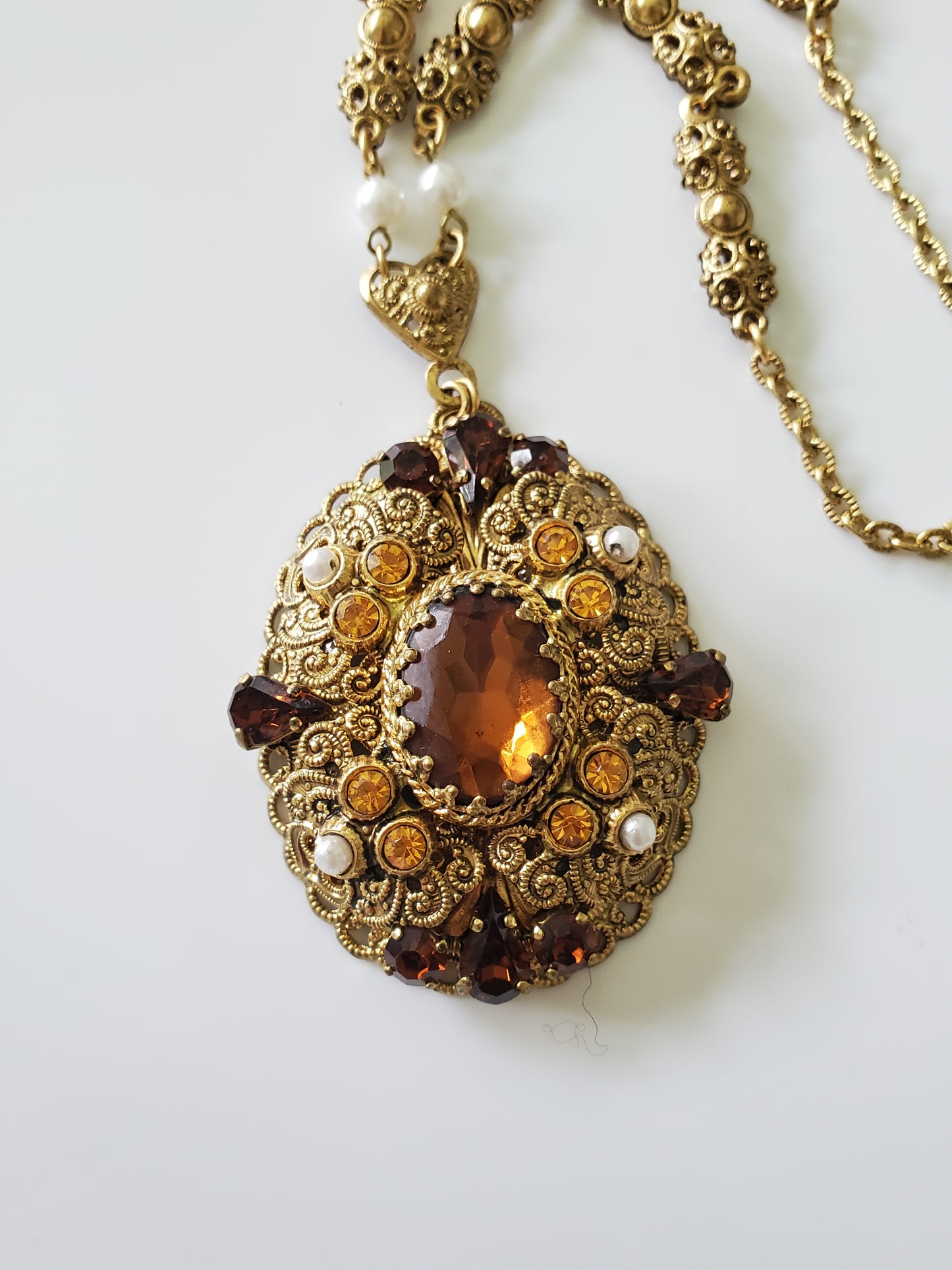 Vintage West Germany Faceted Art Nouveau Amber and Faux Pearl Filigree Necklace