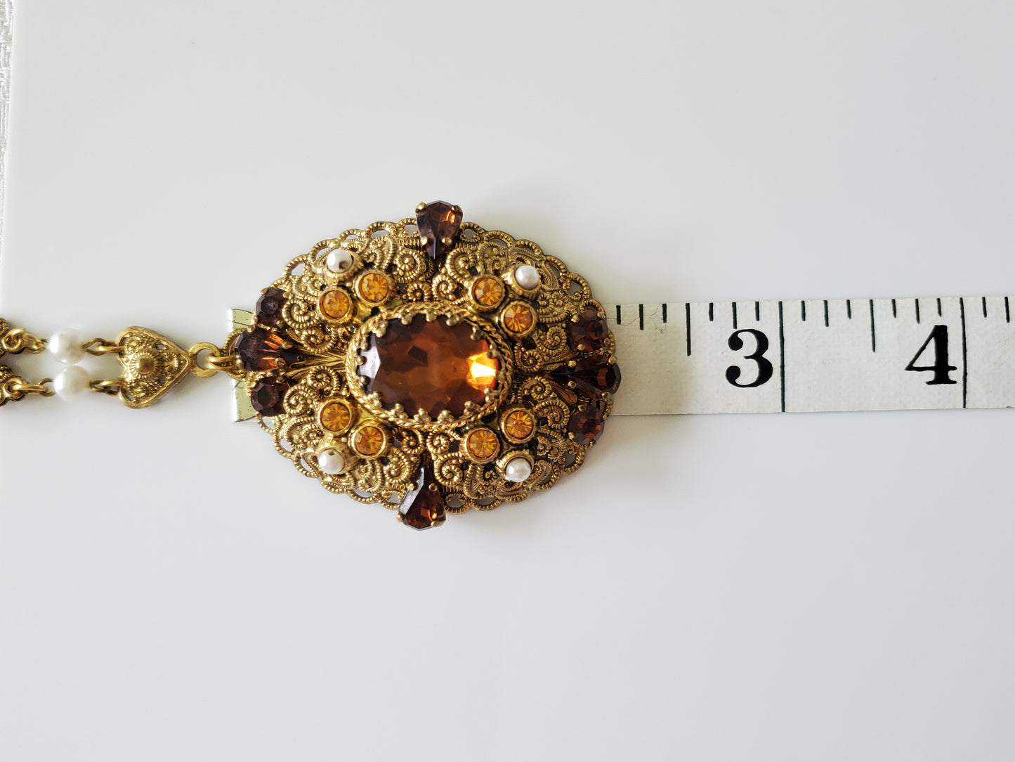 Vintage West Germany Faceted Art Nouveau Amber and Faux Pearl Filigree Necklace