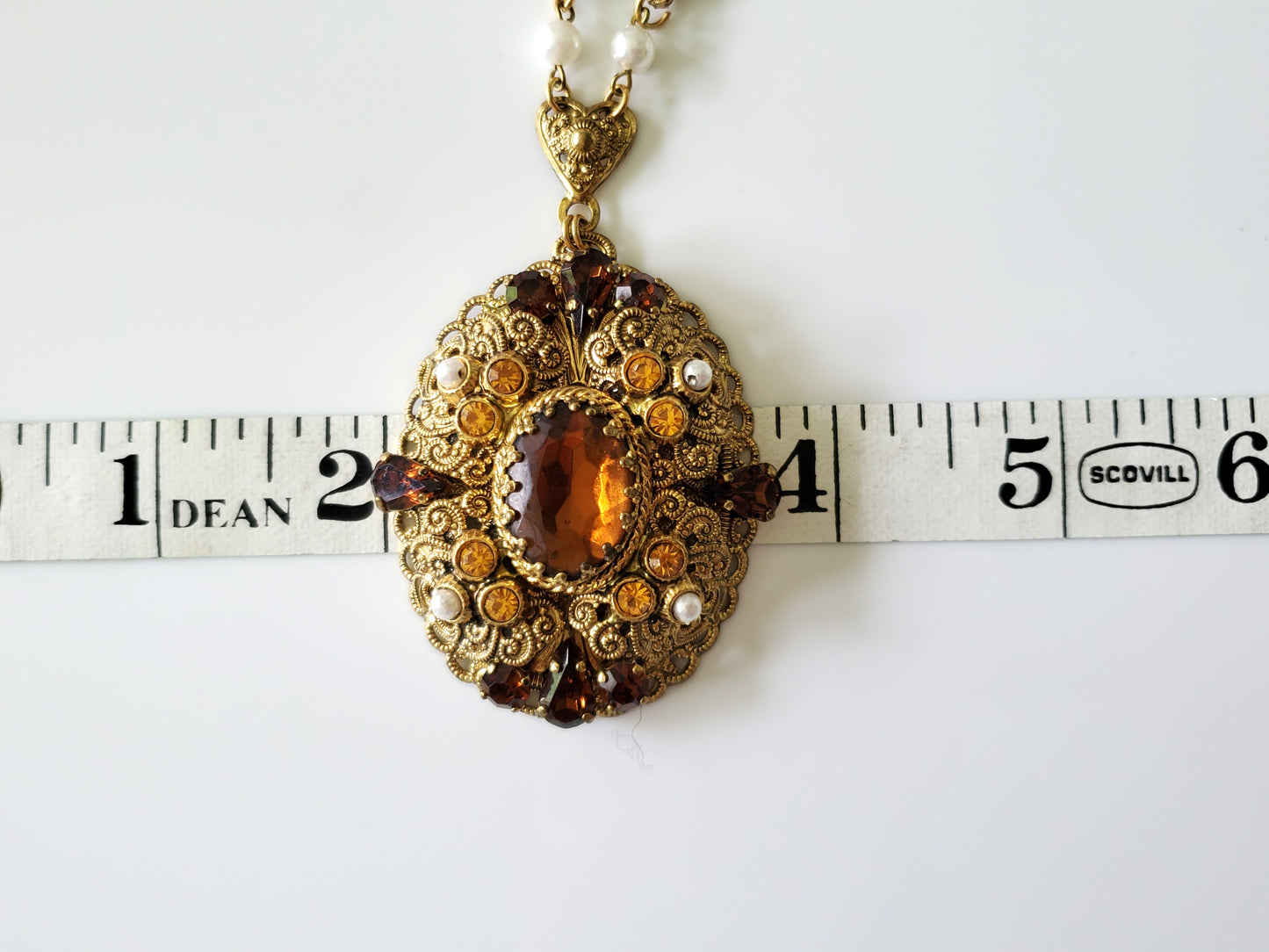 Vintage West Germany Faceted Art Nouveau Amber and Faux Pearl Filigree Necklace