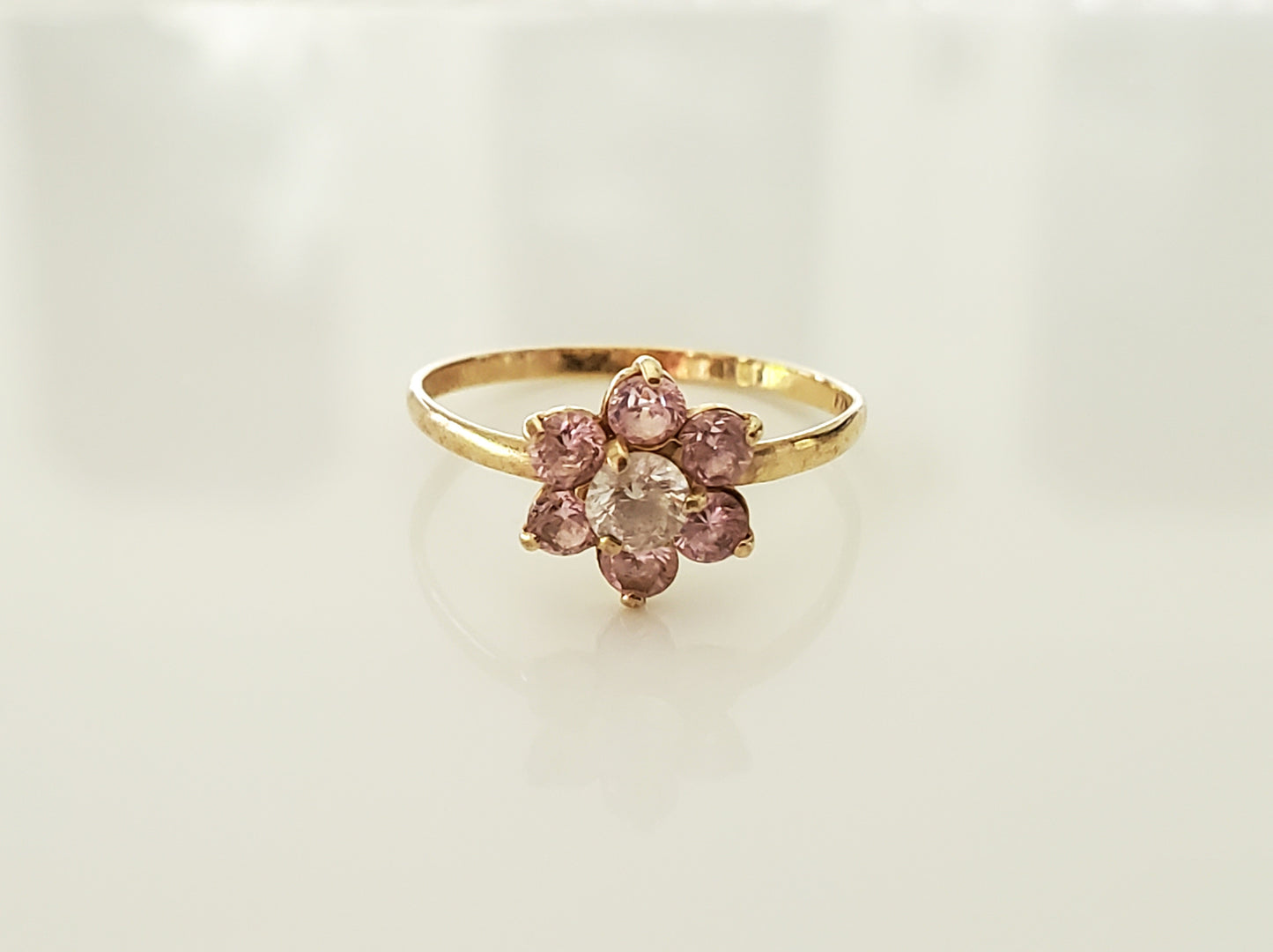 10K Gold - Vintage Child Size Pink and Clear Crystal Zirconia Flower Ring