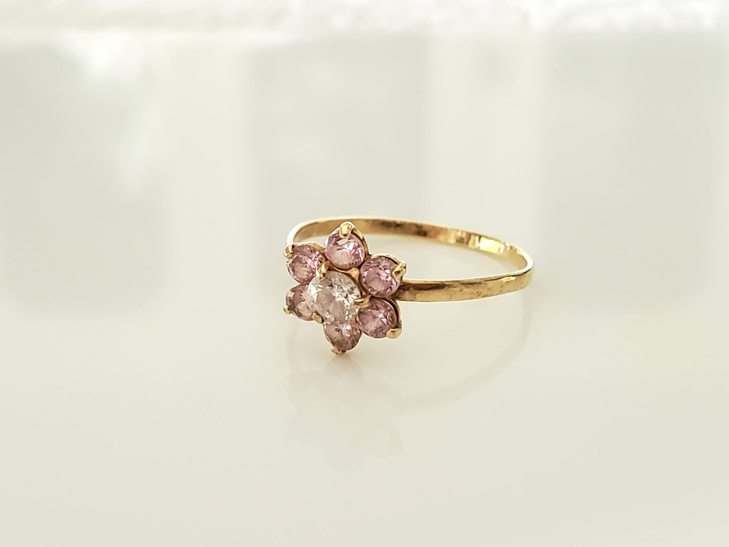 10K Gold - Vintage Child Size Pink and Clear Crystal Zirconia Flower Ring