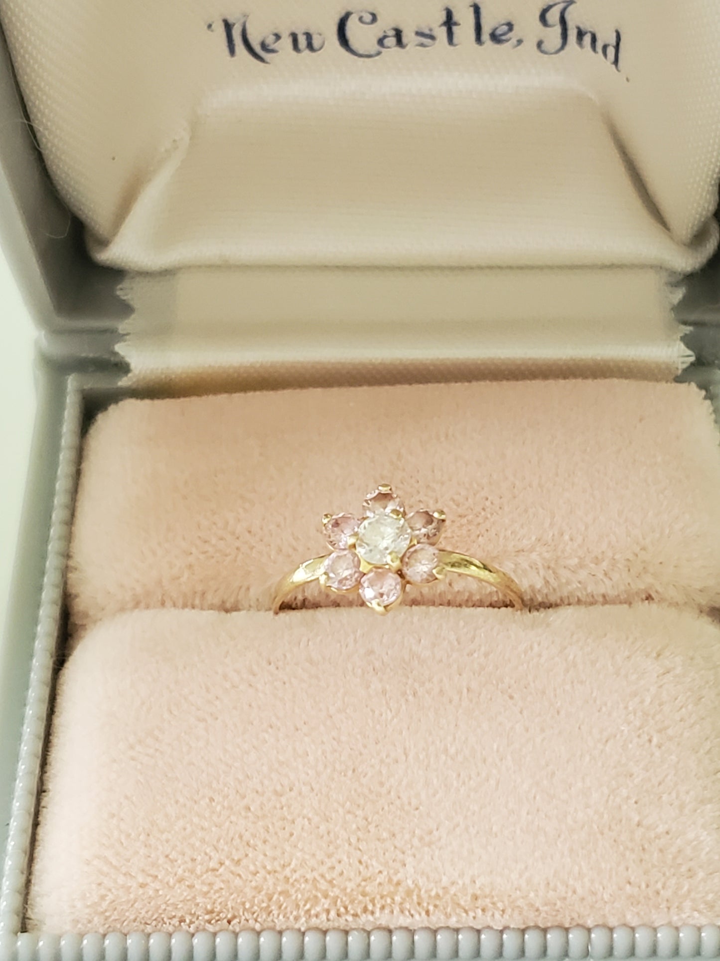 10K Gold - Vintage Child Size Pink and Clear Crystal Zirconia Flower Ring