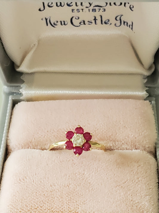 10K Gold - Vintage Child Size Dainty Floral Ruby Ring