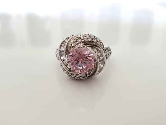 Vintage-Style Round Pink and Clear Halo Sterling Silver Ring