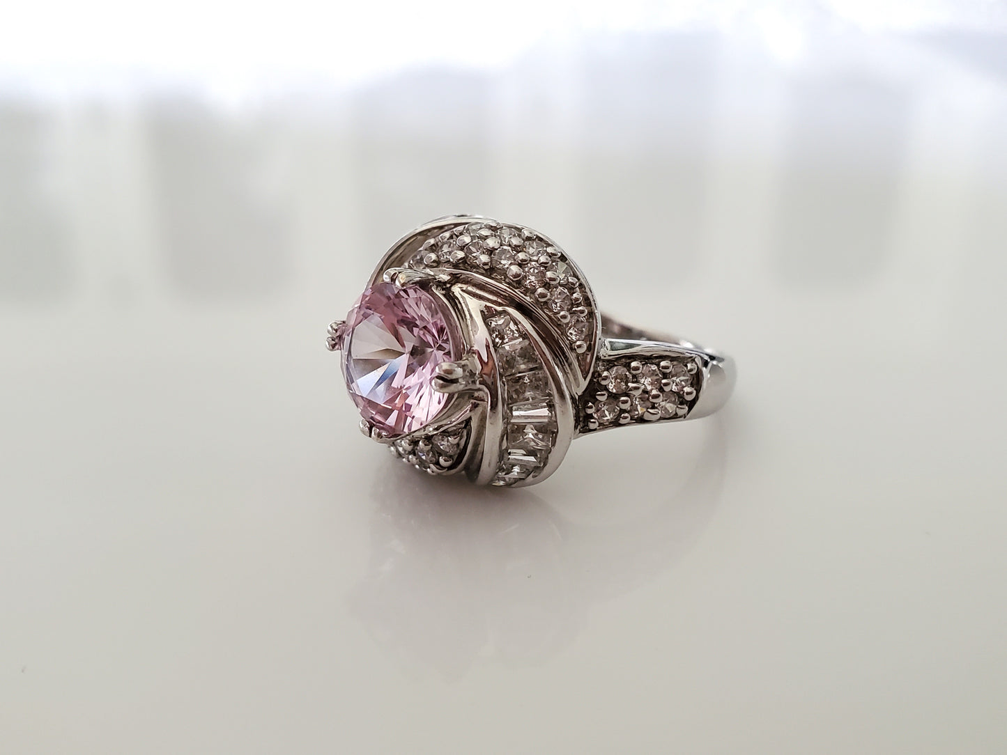 Vintage-Style Round Pink and Clear Halo Sterling Silver Ring