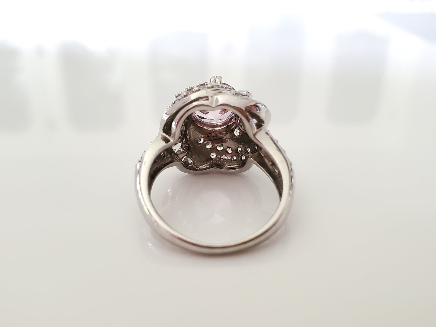 Vintage-Style Round Pink and Clear Halo Sterling Silver Ring