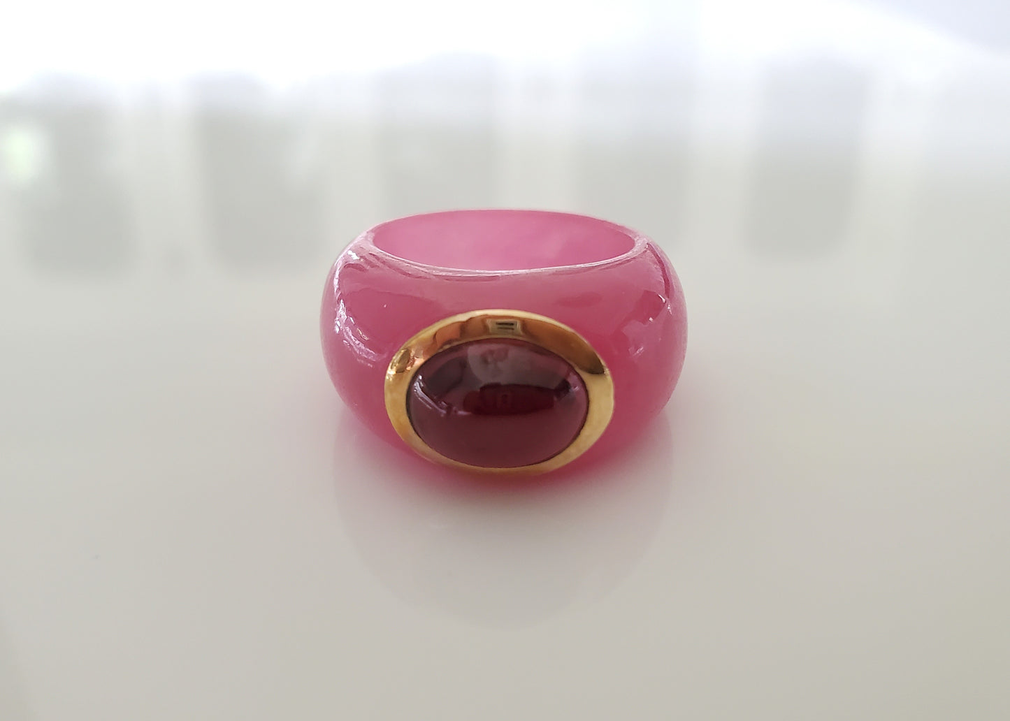 Pink Jade Oval Garnet with 14k Yellow Gold Ring