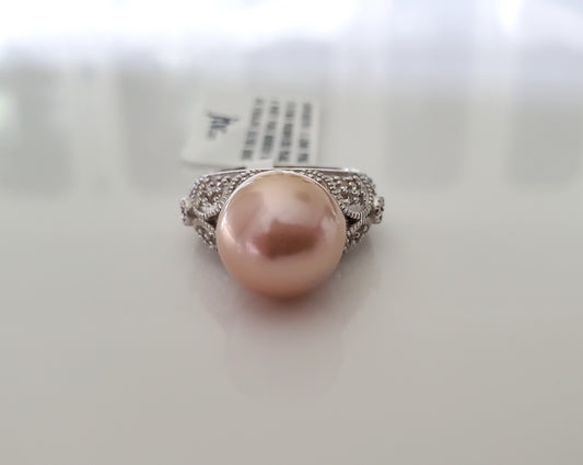 12mm Pink Cultured Freshwater Pearl and White Topaz Rhodium Over Sterling Ring by JTV