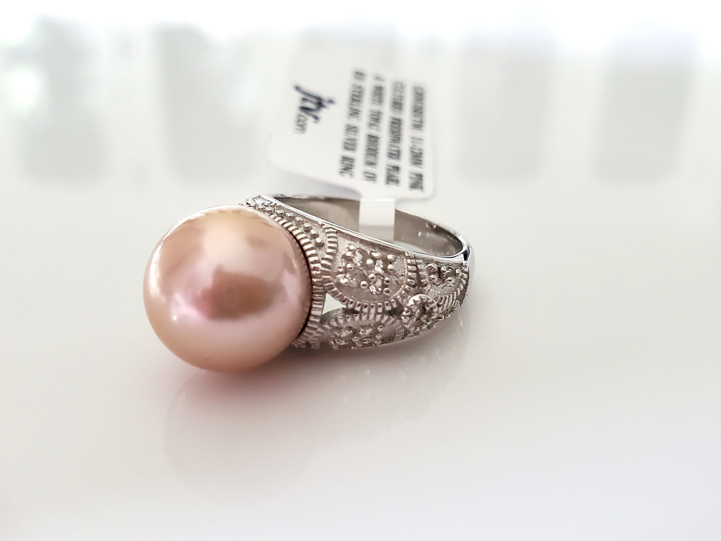 12mm Pink Cultured Freshwater Pearl and White Topaz Rhodium Over Sterling Ring by JTV