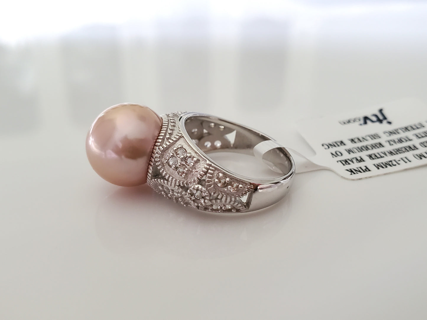 12mm Pink Cultured Freshwater Pearl and White Topaz Rhodium Over Sterling Ring by JTV