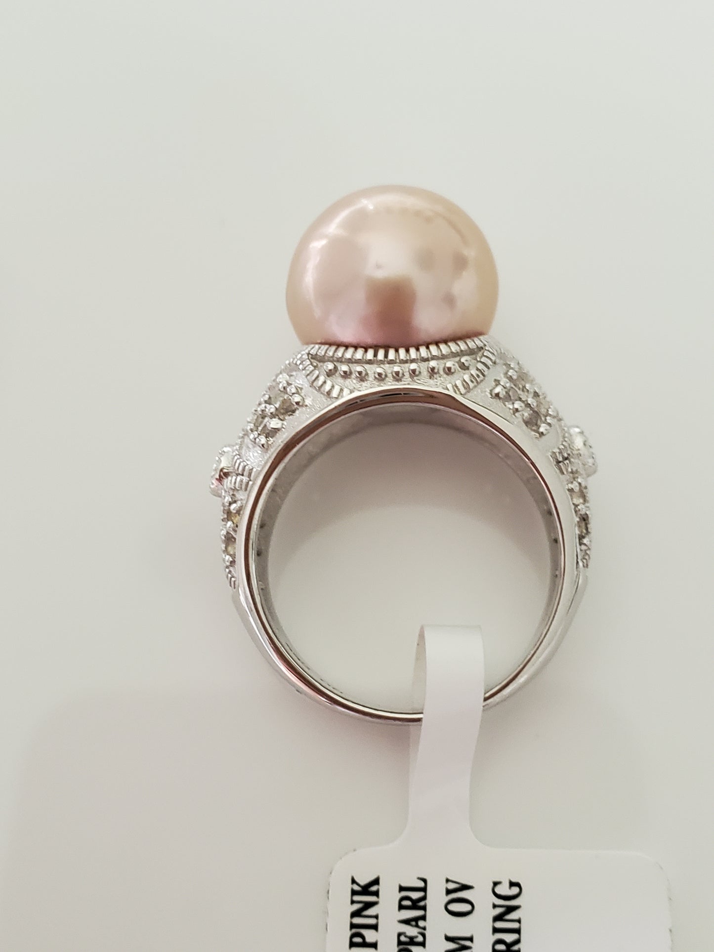 12mm Pink Cultured Freshwater Pearl and White Topaz Rhodium Over Sterling Ring by JTV