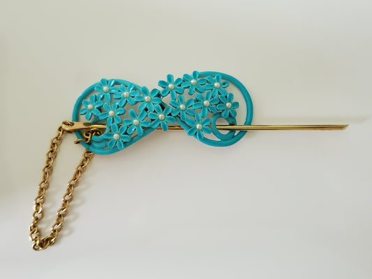 Vintage Style Blue Metal Enamel Floral Stick Barette