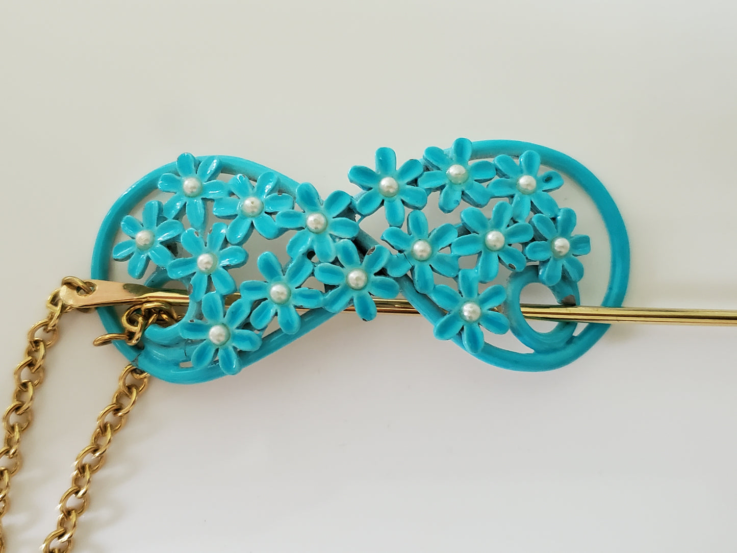 Vintage Style Blue Metal Enamel Floral Stick Barette