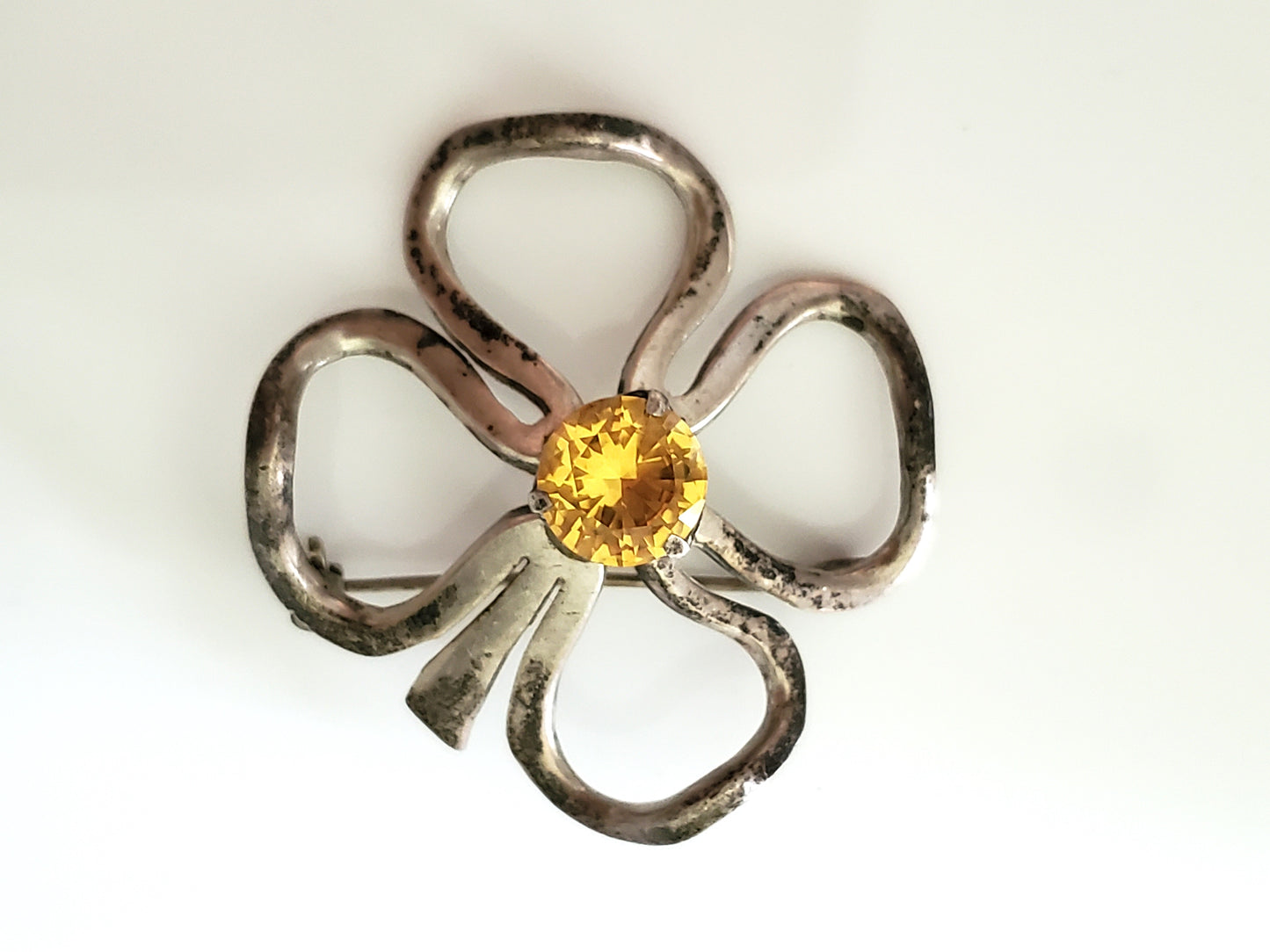 Vintage Michael Melendez Taxco Sterling Silver Four Leaf Clover Brooch with Yellow Stone