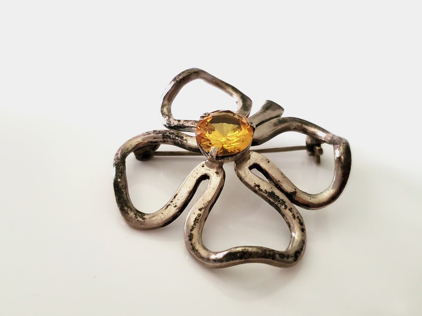 Vintage Michael Melendez Taxco Sterling Silver Four Leaf Clover Brooch with Yellow Stone