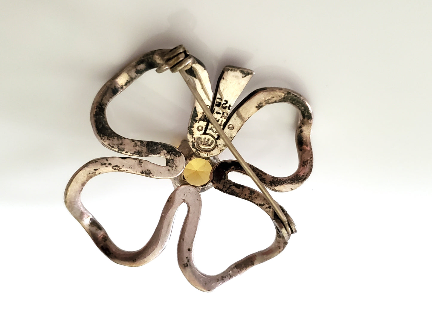 Vintage Michael Melendez Taxco Sterling Silver Four Leaf Clover Brooch with Yellow Stone