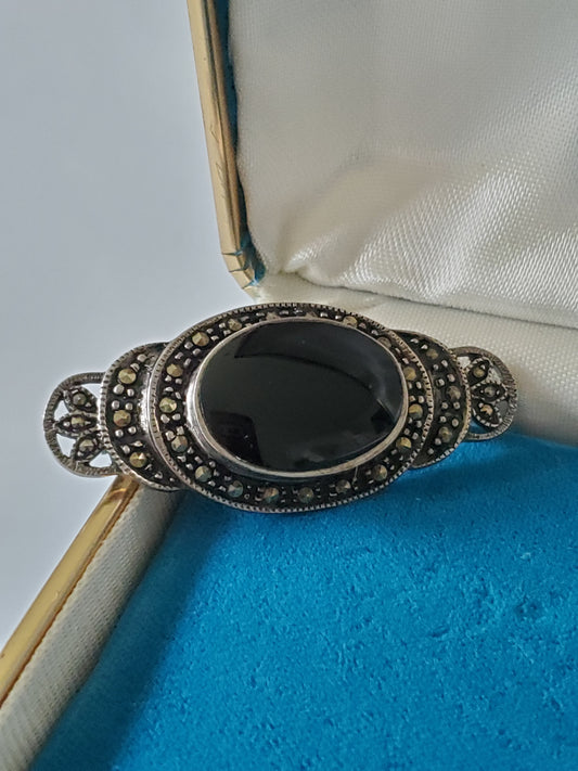 Vintage Onyx and Marcasite Brooch