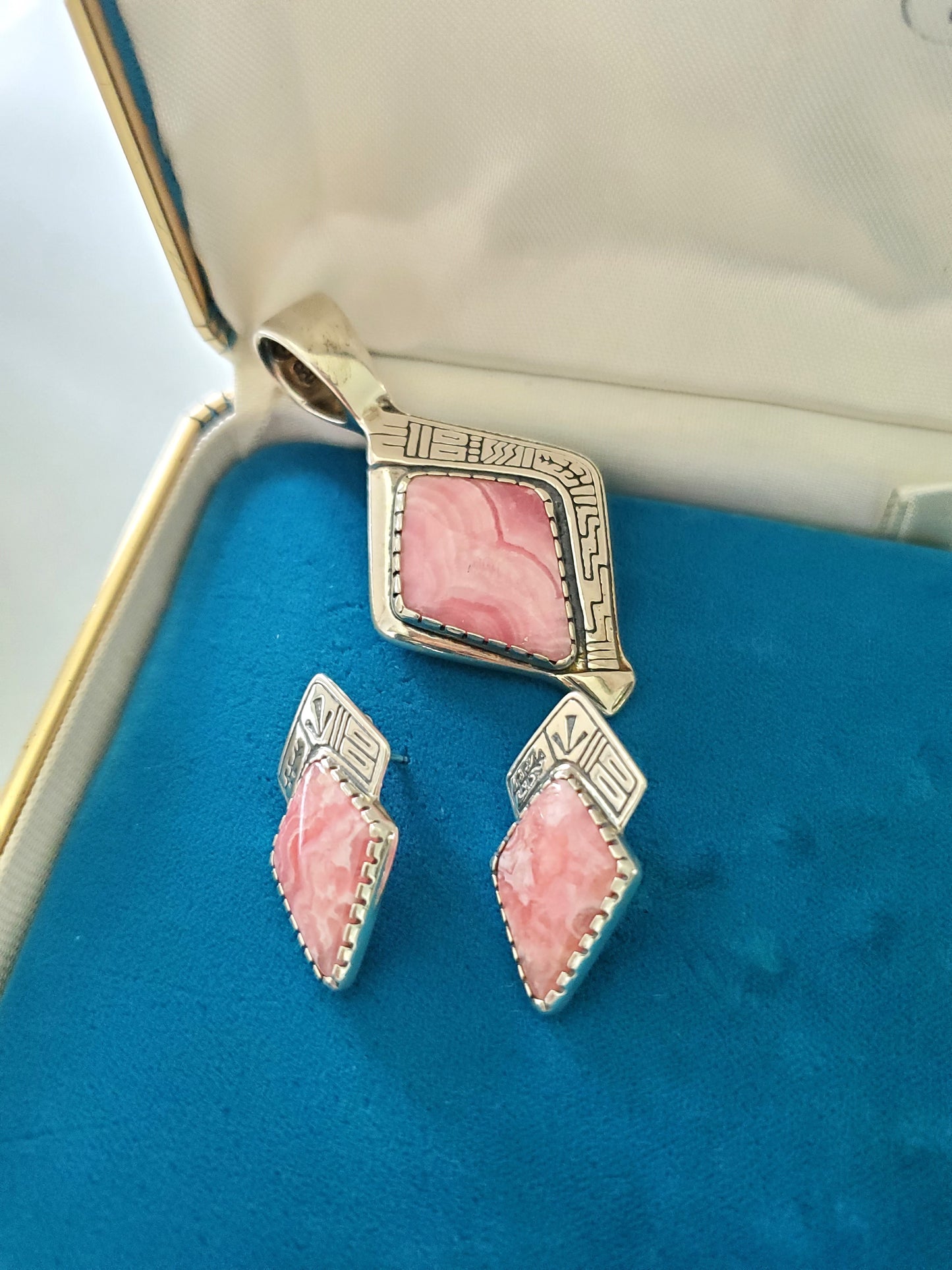 RMT Roderick and Marilyn Tenorio Signed 925 Sterling Silver Pendant and Earrings With Rhodochrosite Center Stone