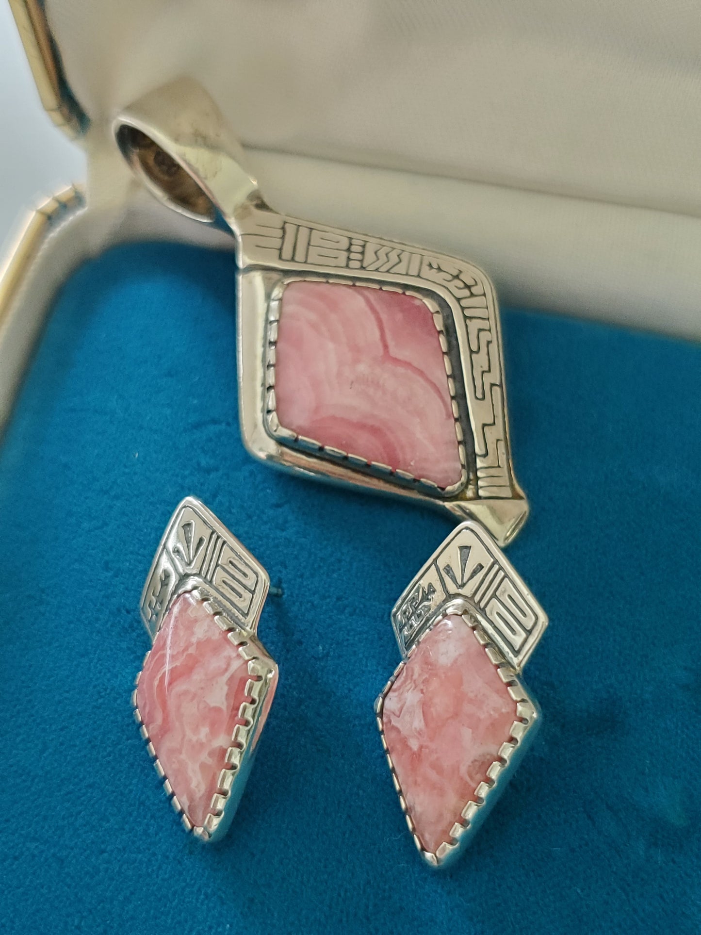 RMT Roderick and Marilyn Tenorio Signed 925 Sterling Silver Pendant and Earrings With Rhodochrosite Center Stone