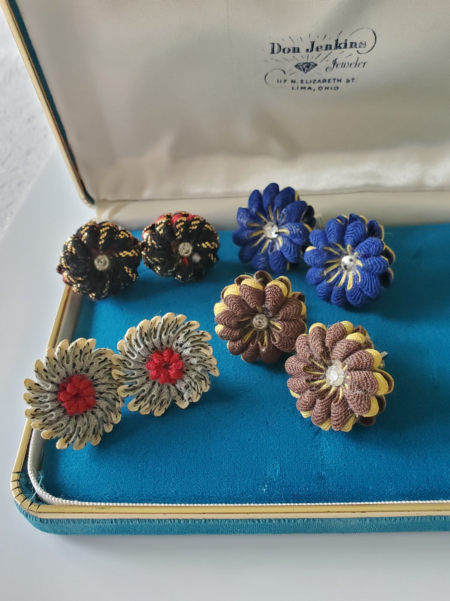 Vintage 1950s Fabric Flower Clip On Earrings – Lot of 4 Pairs