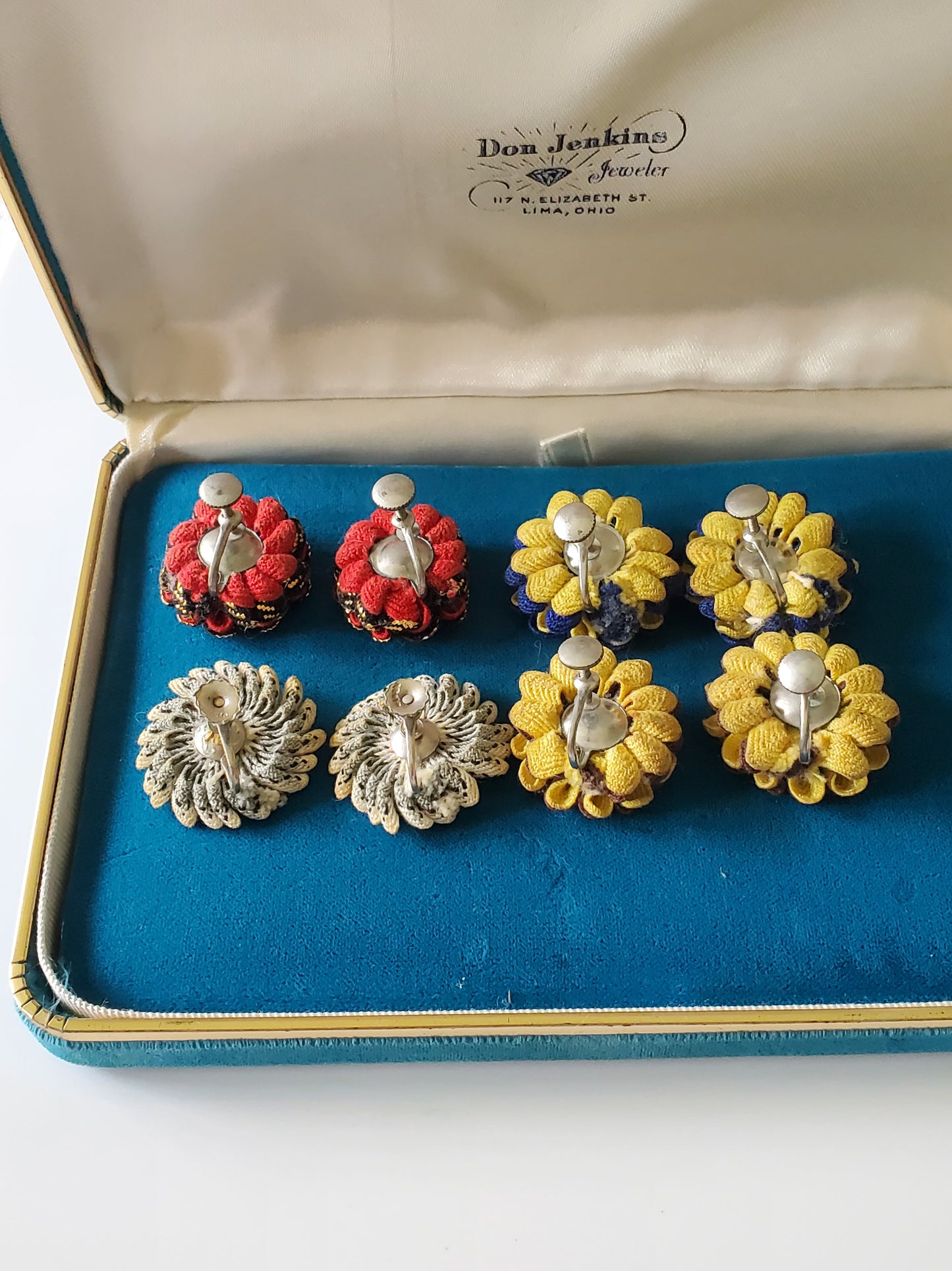 Vintage 1950s Fabric Flower Clip On Earrings – Lot of 4 Pairs