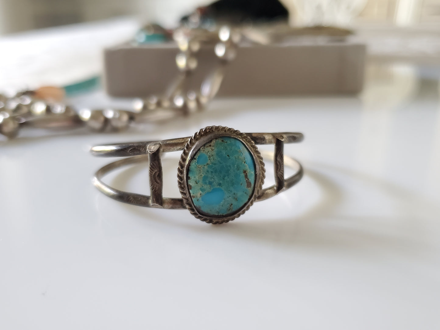 Vintage Round Turquoise Navajo Sterling Silver Child Bracelet Cuff