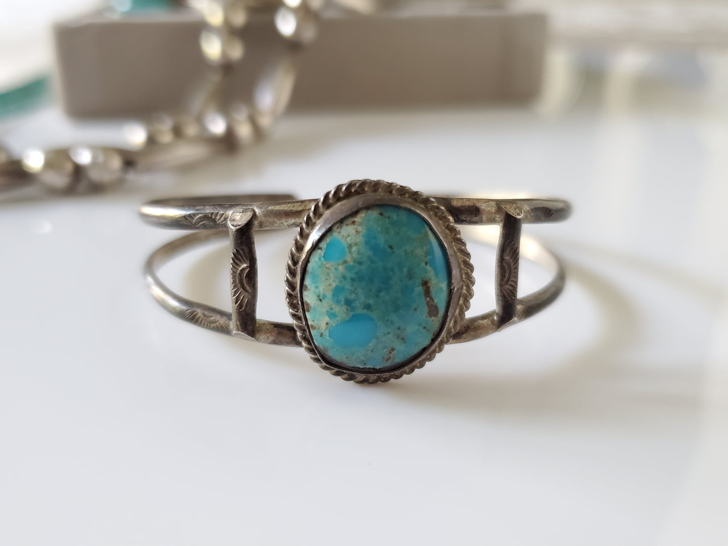 Vintage Round Turquoise Navajo Sterling Silver Child Bracelet Cuff