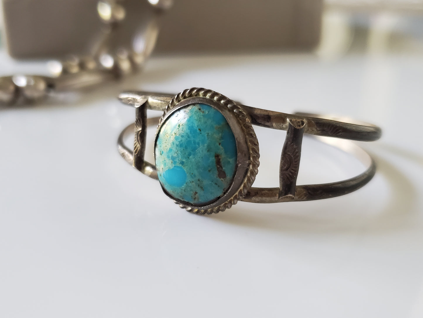 Vintage Round Turquoise Navajo Sterling Silver Child Bracelet Cuff