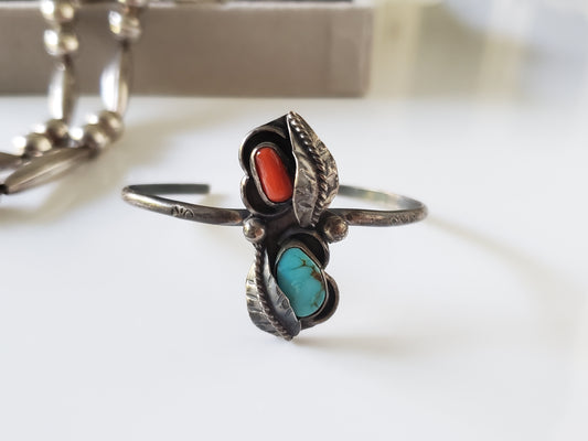 Vintage Turquoise and Coral Navajo Sterling Silver Child Bracelet Cuff