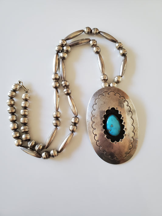 Vintage Mid-Century Navajo Sterling Shadowbox Turquoise Bead Necklace