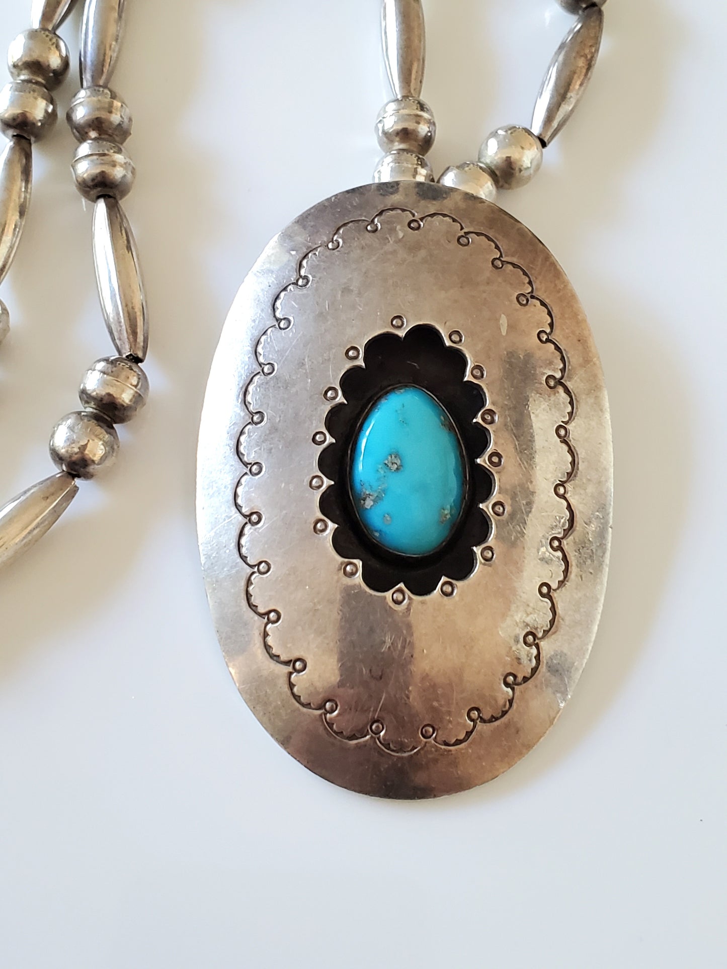 Vintage Mid-Century Navajo Sterling Shadowbox Turquoise Bead Necklace